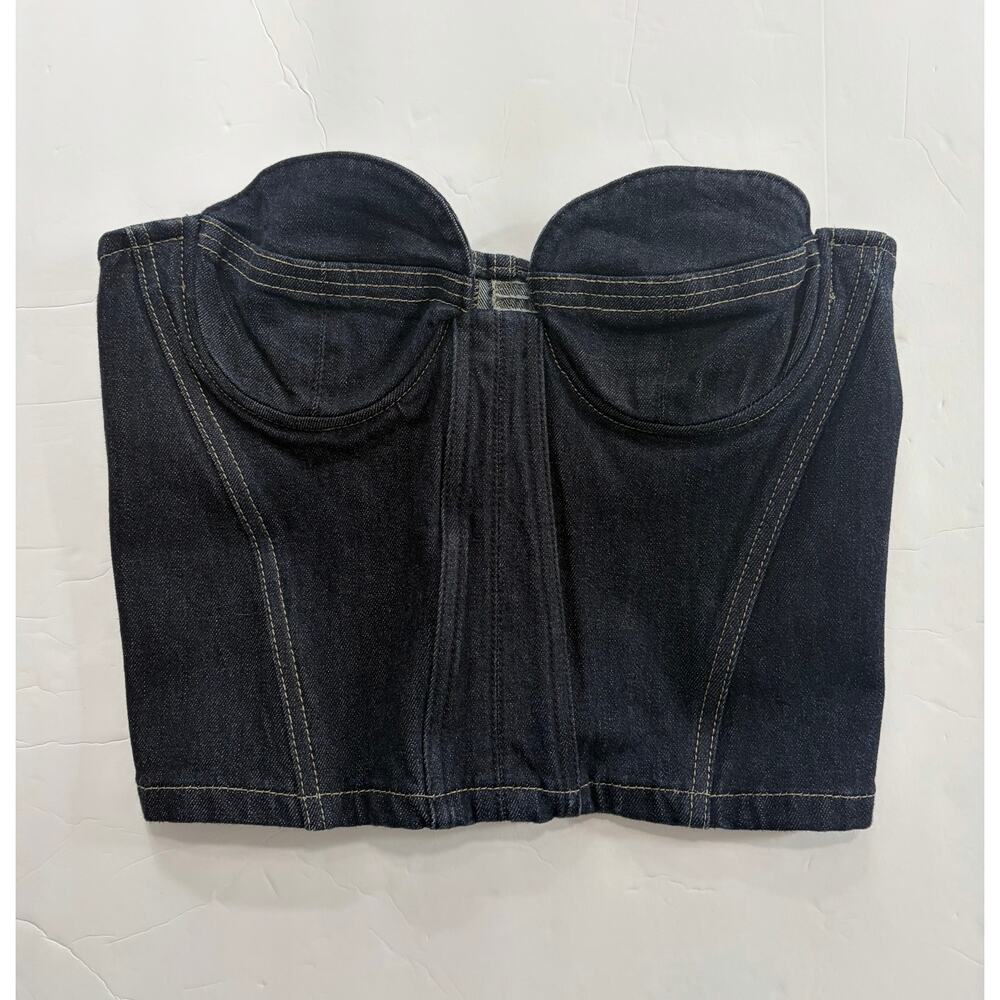 Zara Denim Corset Bustier Top Size L Dark Wash Strapless Tube Zip Back Y2K